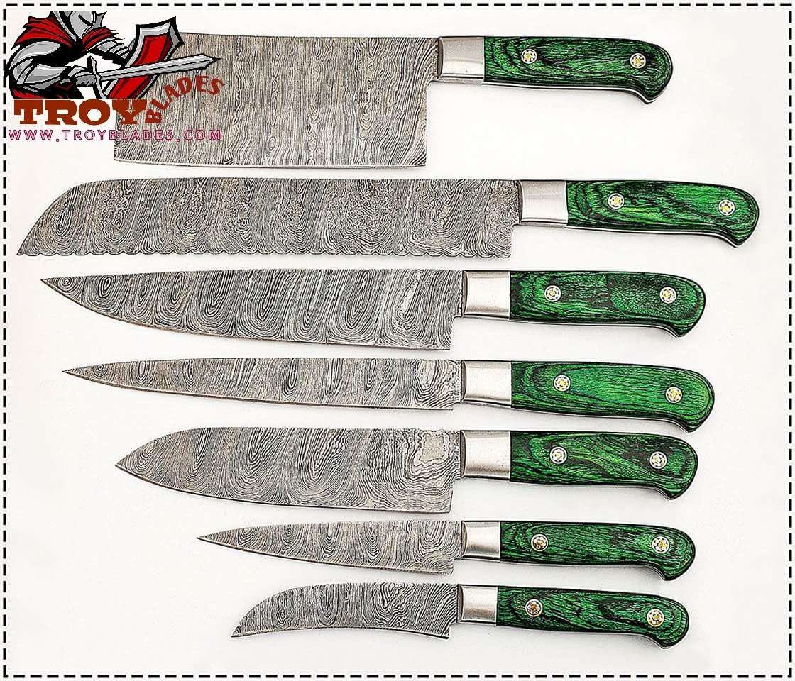 Custom hand made Damascus steel kitchen knives set - Troy Blades