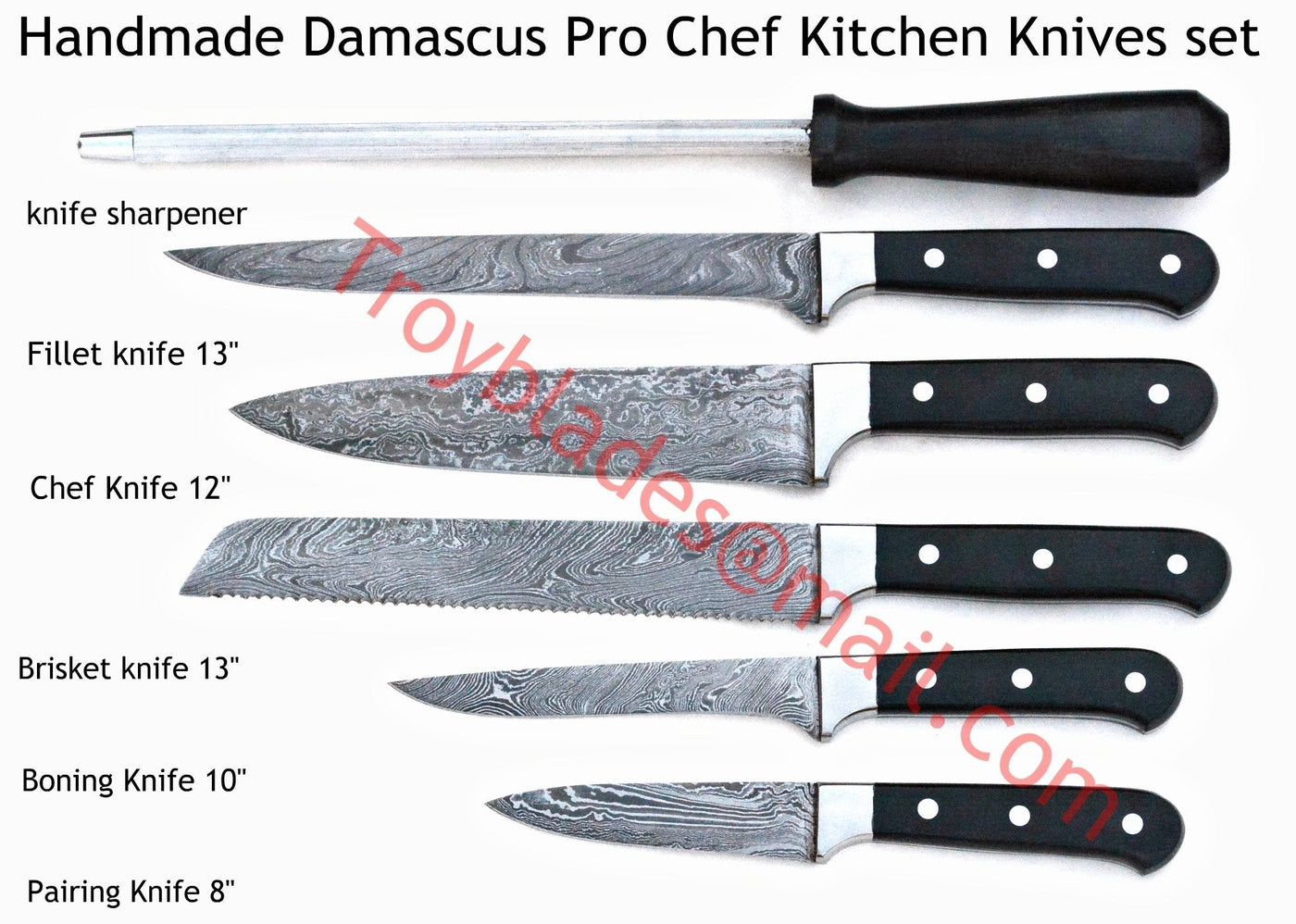 Hand Made Damascus Pro-Chef kitchen/BBQ Knives Set - Troy Blades