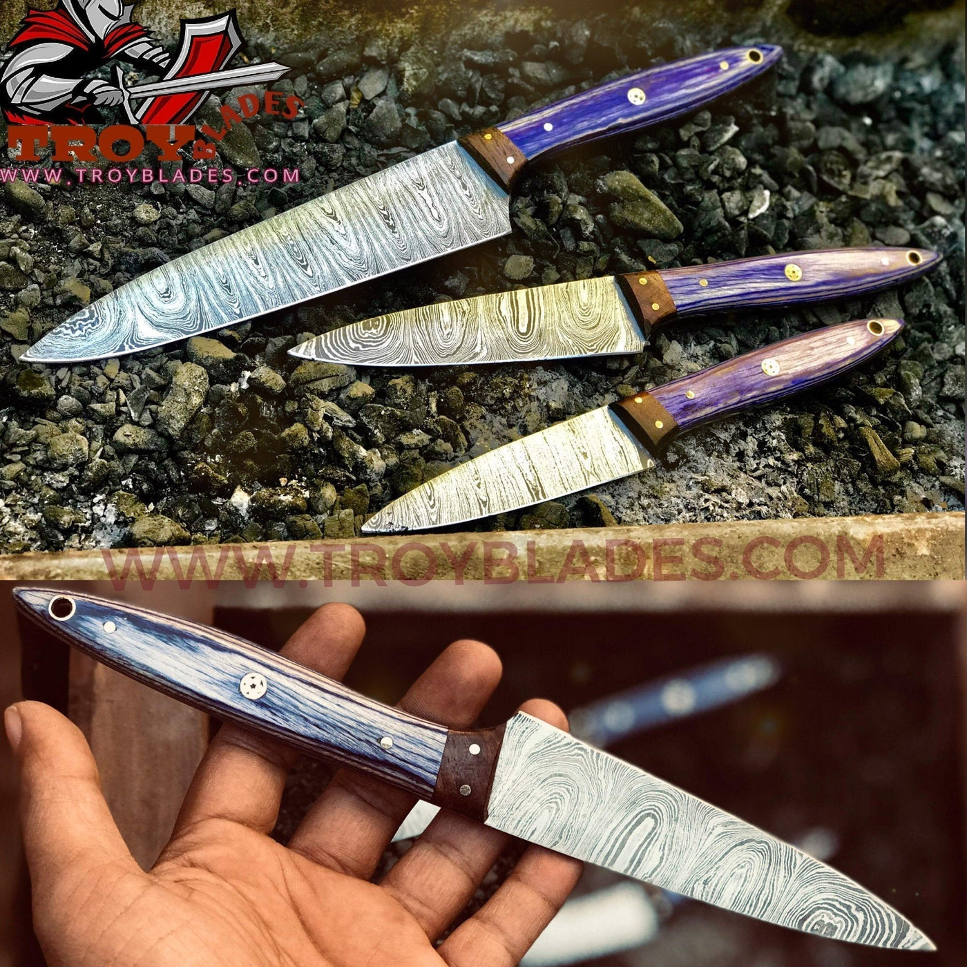Custom Handmade Damascus Kitchen knives set of 3 - Troy Blades
