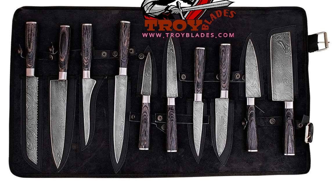 Custom hand made Damascus steel kitchen knives set full - Troy Blades