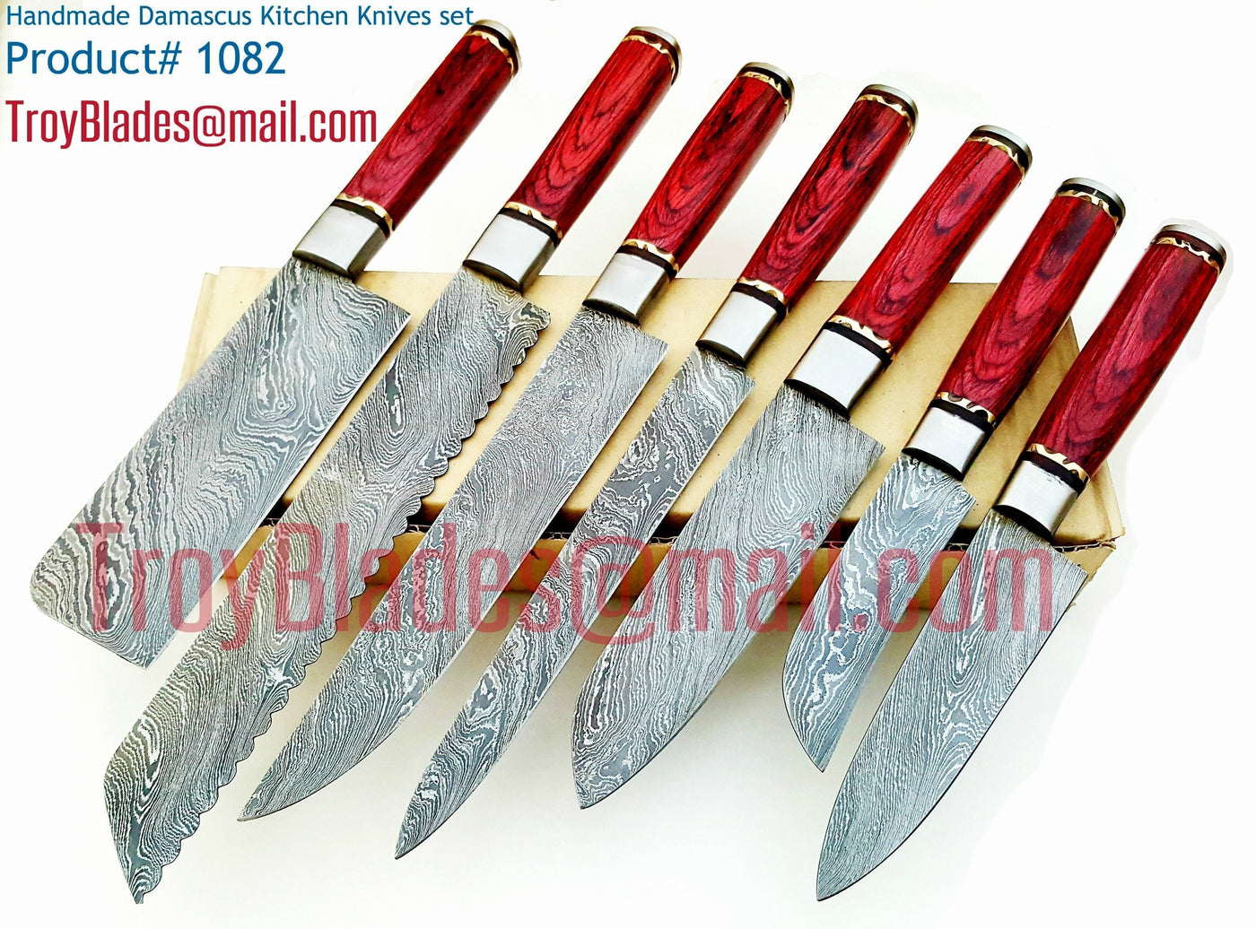 Custom hand made Damascus steel kitchen knives set #1082 - Troy Blades