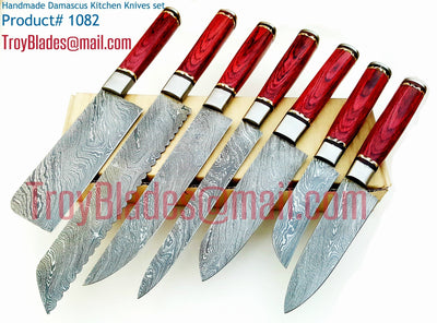 Custom hand made Damascus steel kitchen knives set #1082 - Troy Blades