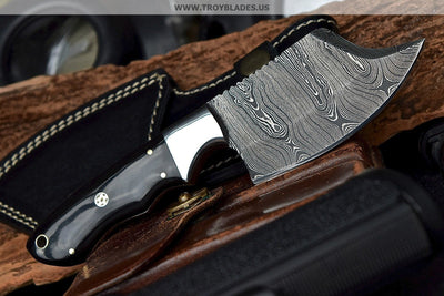 Custom Handmade Twist Damascus Hunter Skinner Buffalo Horn Camp Knife - Troy Blades