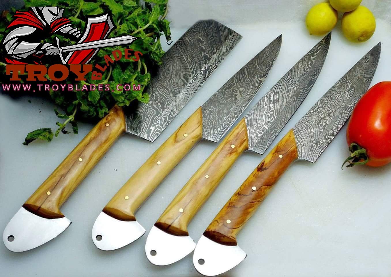 Handmade Damascus Kitchen/BBQ knives set with leather roll - Troy Blades