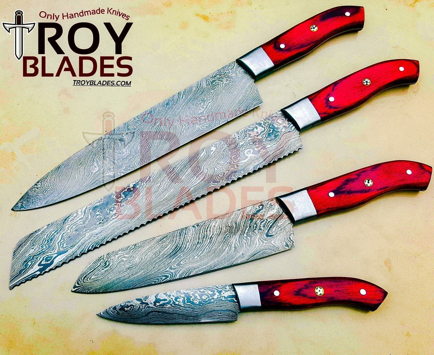 New Custom Handmade Damascus Kitchen knives set - Troy Blades