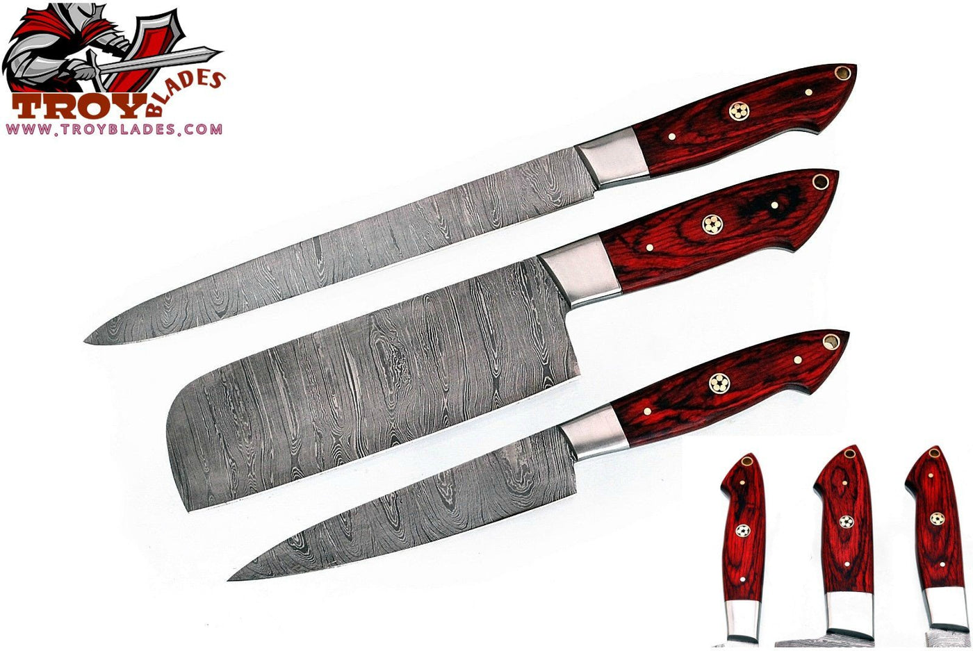 Custom hand made Damascus steel kitchen knives set of 3 - Troy Blades