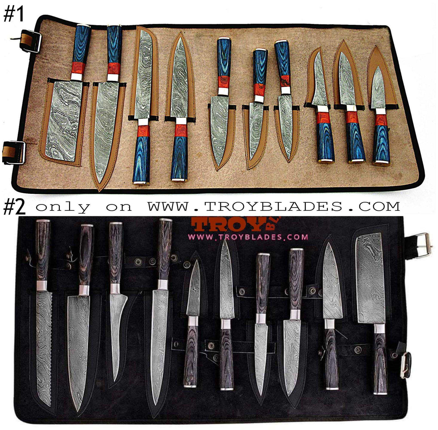 Custom hand made Damascus steel kitchen knives set full - Troy Blades