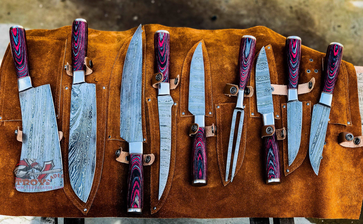 Beautiful Custom Handmade Damascus BBQ/kitchen knives 09 pcs - Troy Blades