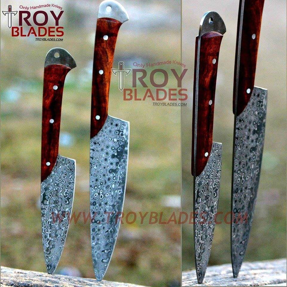 Custom Handmade Damascus kitchen knives Pair - Troy Blades