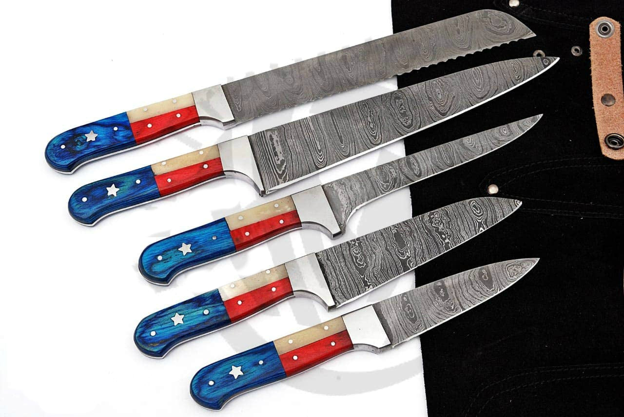 Texas Flag Handles Custom Handmade Damascus Pro Chef Kitchen/BBq knives set - Troy Blades