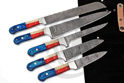 Texas Flag Handles Custom Handmade Damascus Pro Chef Kitchen/BBq knives set - Troy Blades