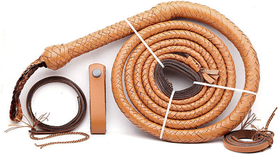 Real & Genuine Kangaroo Hide Leather Bull Whip 8'-16' 12 Plaits Tan Brown Bullwhip Hand Crafted Heavy Duty - Troy Blades