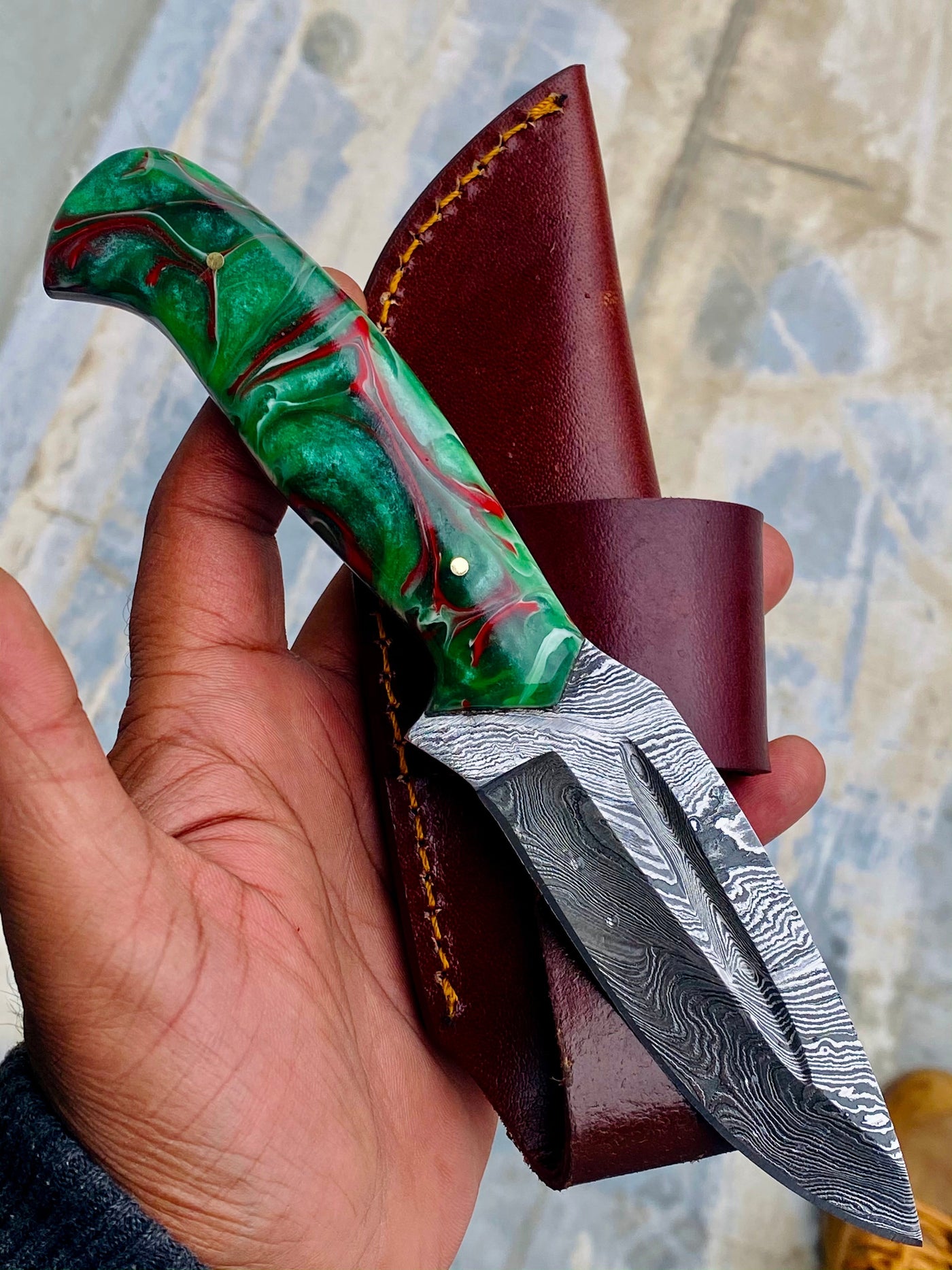 GIFT SERIES Custom Handmade Damascus Hunting skinning knife with Leather sheathe - Troy Blades