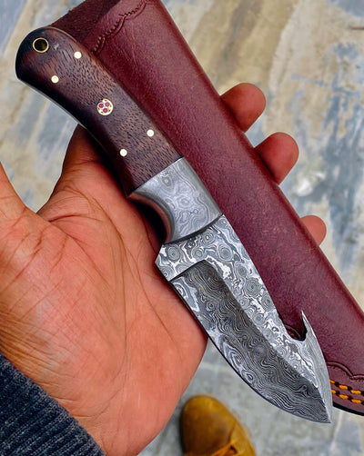 GIFT SERIES Custom Handmade Damascus Hunting skinning knife with Leather sheathe - Troy Blades