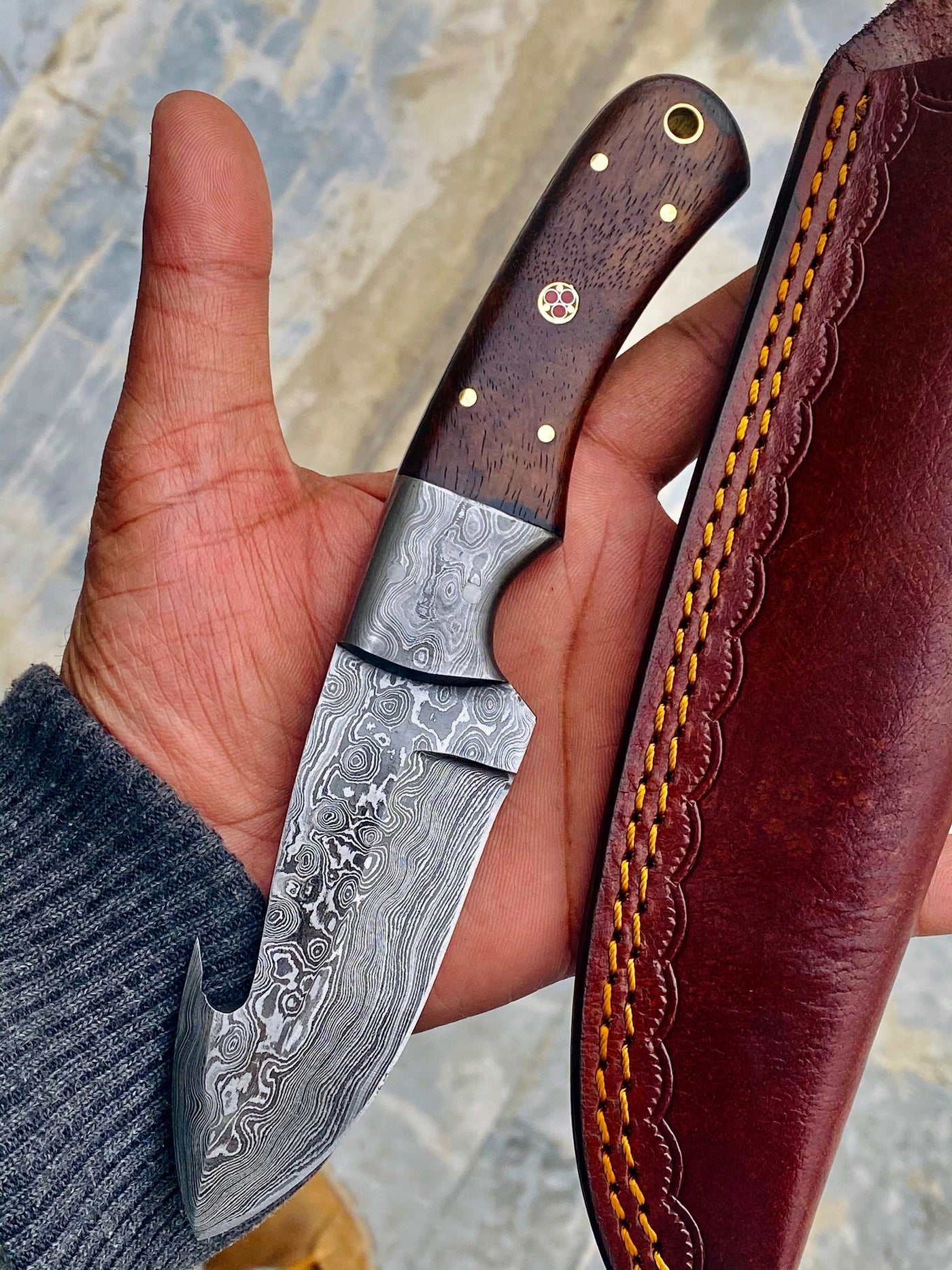 GIFT SERIES Custom Handmade Damascus Hunting skinning knife with Leather sheathe - Troy Blades