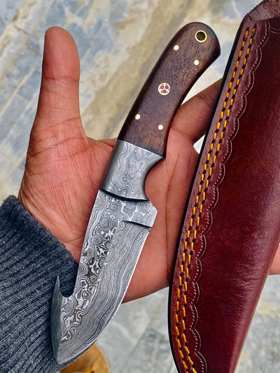 GIFT SERIES Custom Handmade Damascus Hunting skinning knife with Leather sheathe - Troy Blades