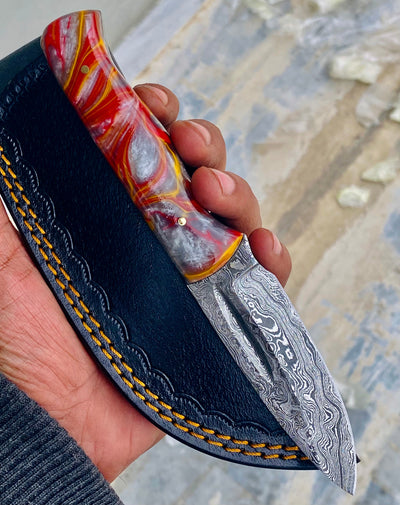 GIFT SERIES Custom Handmade Damascus Hunting skinning knife with Leather sheathe - Troy Blades