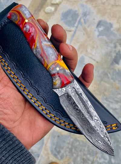 GIFT SERIES Custom Handmade Damascus Hunting skinning knife with Leather sheathe - Troy Blades
