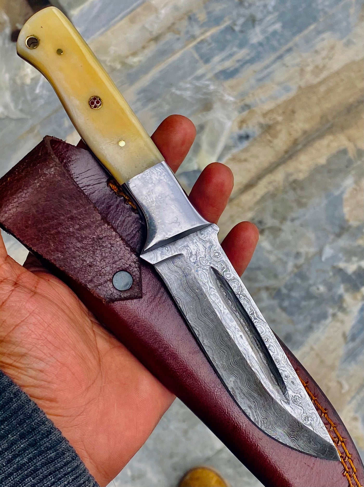 GIFT SERIES Custom Handmade Damascus Hunting skinning knife with Leather sheathe - Troy Blades