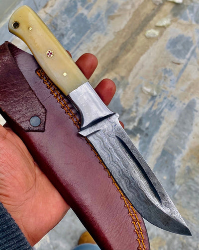 GIFT SERIES Custom Handmade Damascus Hunting skinning knife with Leather sheathe - Troy Blades
