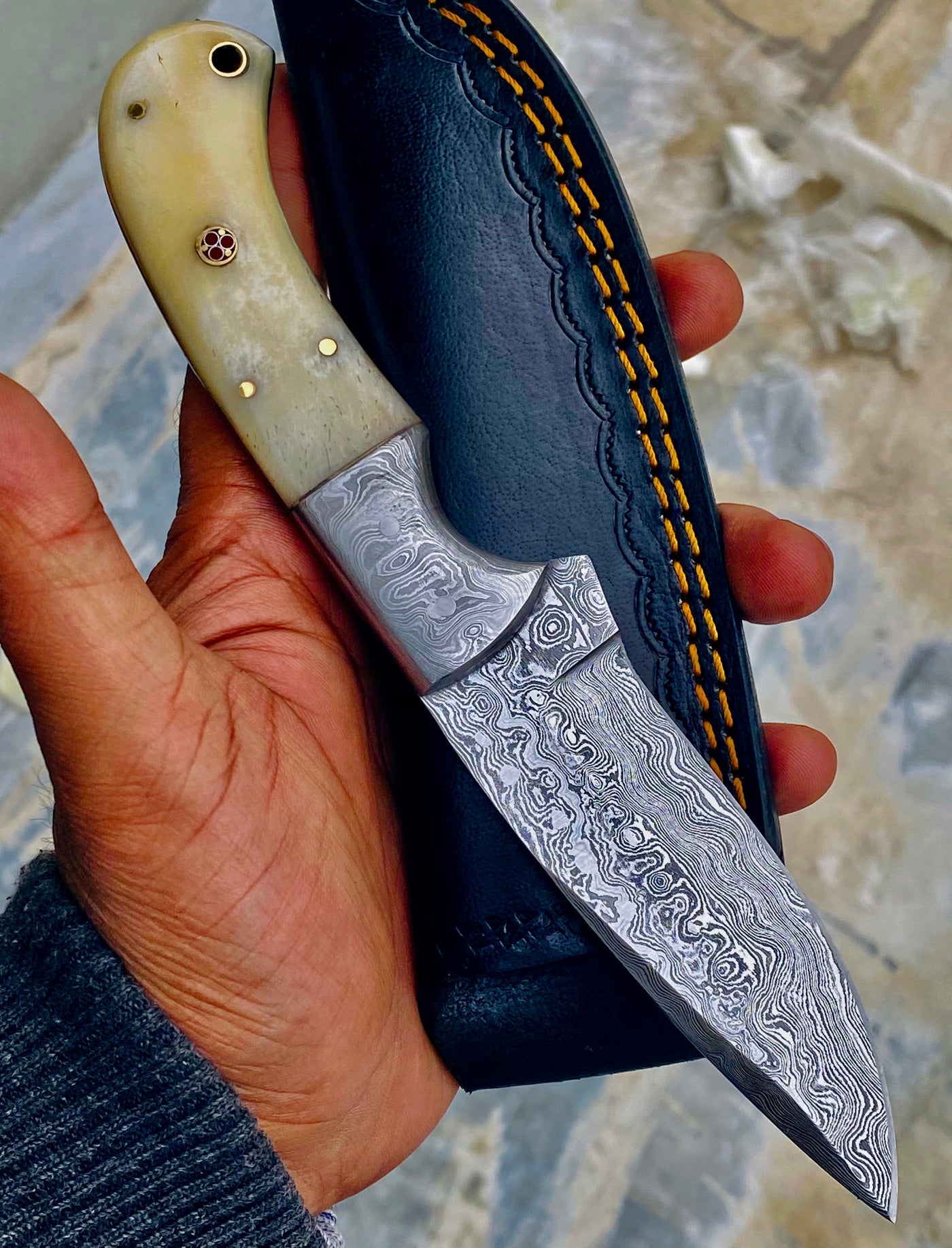 GIFT SERIES Custom Handmade Damascus Hunting skinning knife with Leather sheathe - Troy Blades