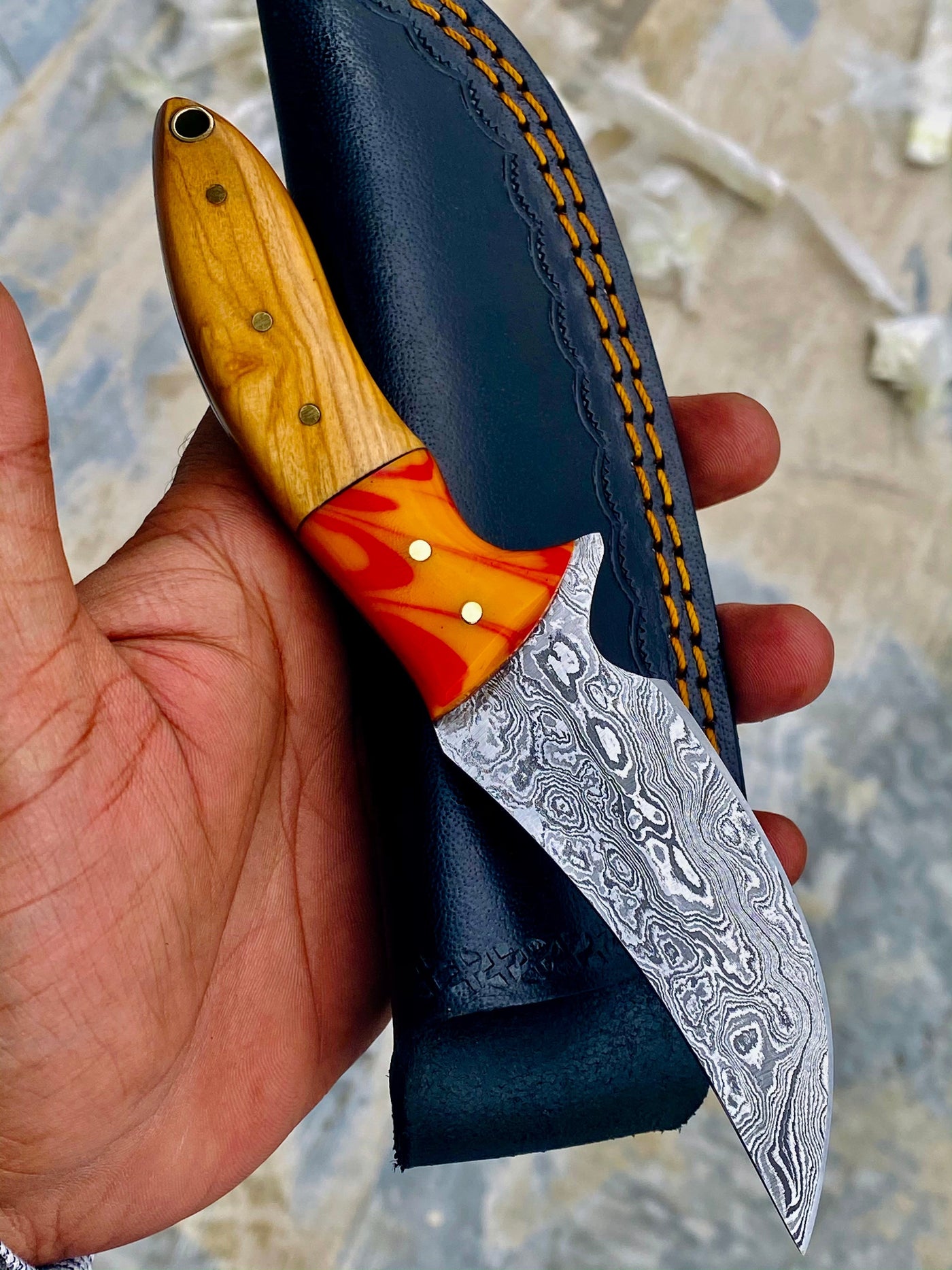 GIFT SERIES Custom Handmade Damascus Hunting skinning knife with Leather sheathe - Troy Blades