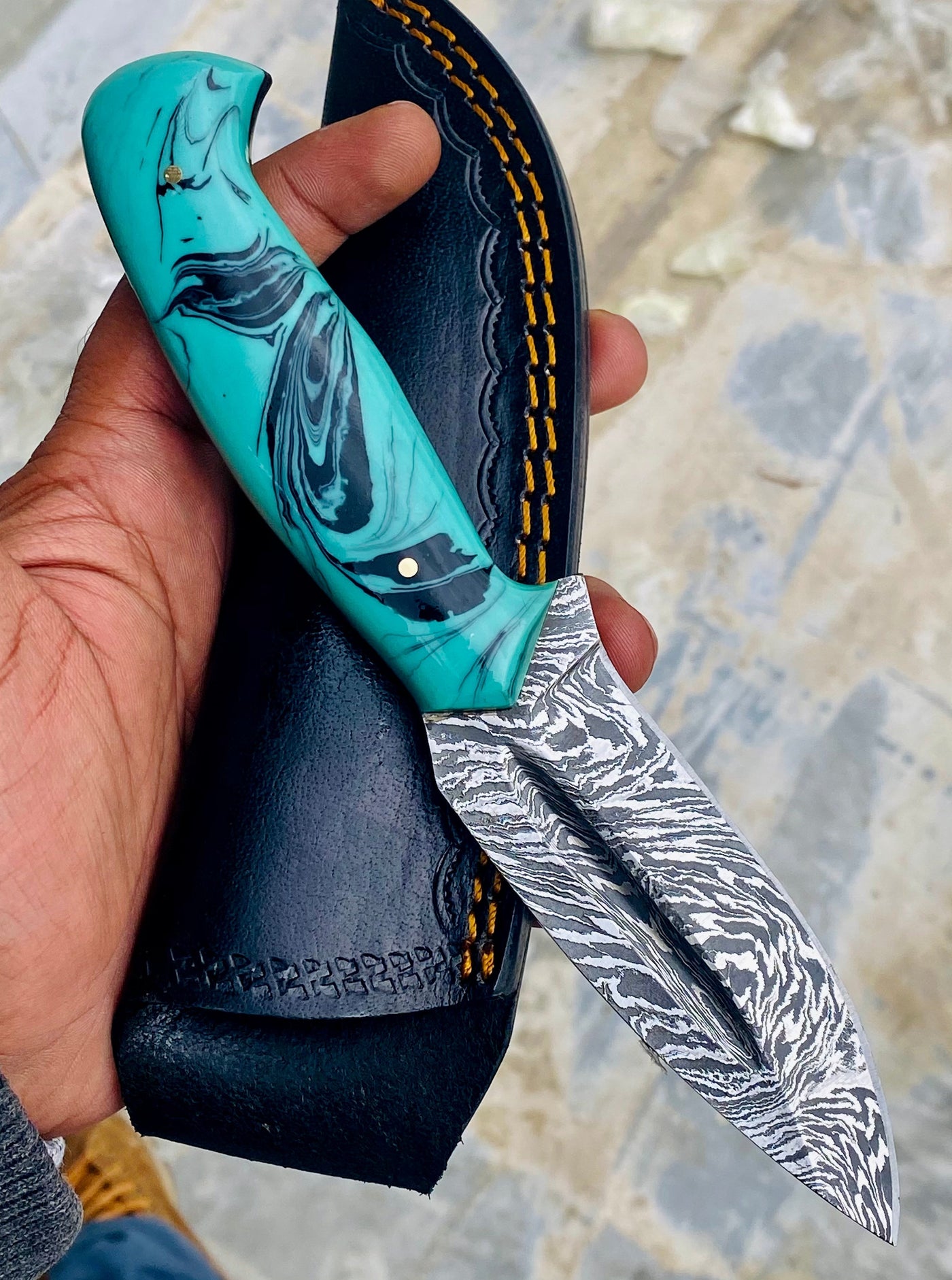 GIFT SERIES Custom Handmade Damascus Hunting skinning knife with Leather sheathe - Troy Blades