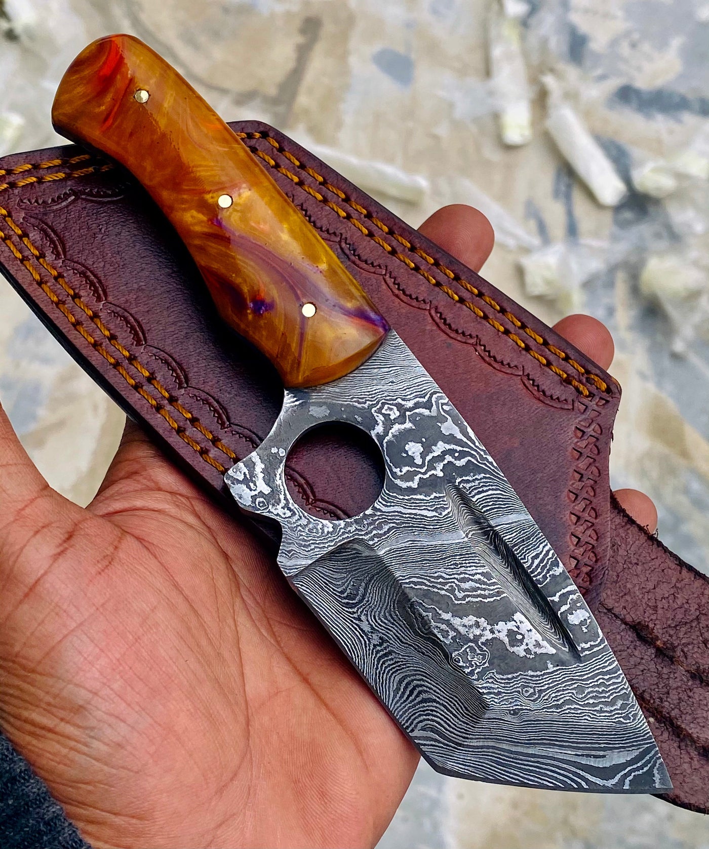 GIFT SERIES Custom Handmade Damascus Hunting skinning knife with Leather sheathe - Troy Blades