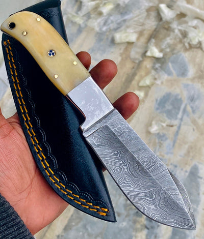 GIFT SERIES Custom Handmade Damascus Hunting skinning knife with Leather sheathe - Troy Blades