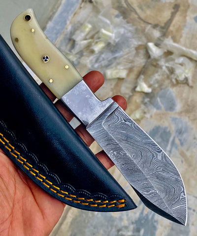 GIFT SERIES Custom Handmade Damascus Hunting skinning knife with Leather sheathe - Troy Blades