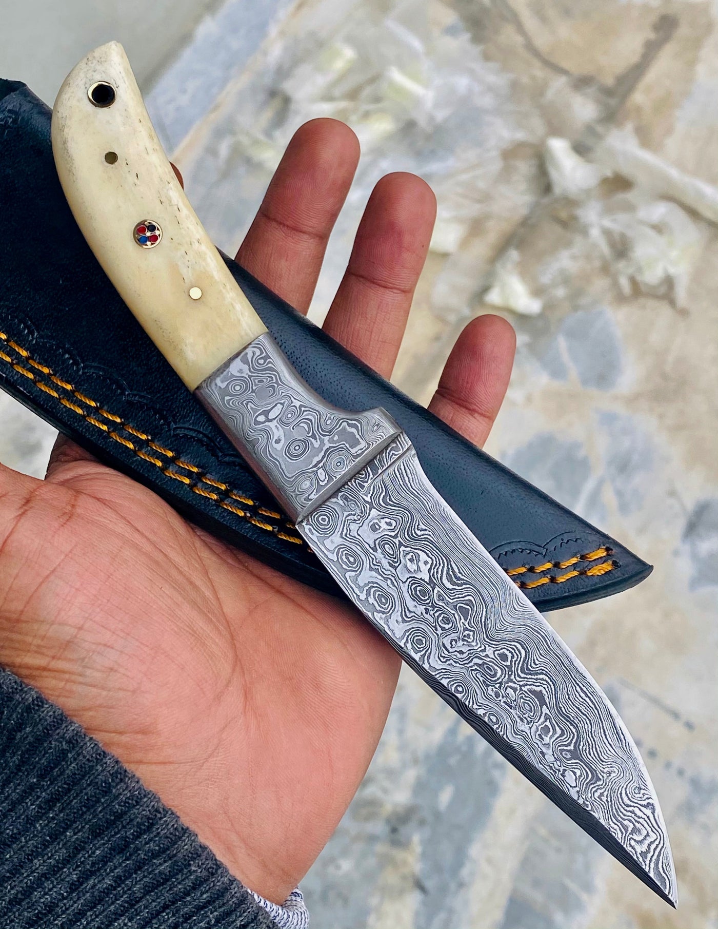 GIFT SERIES Custom Handmade Damascus Hunting skinning knife with Leather sheathe - Troy Blades