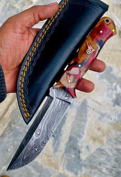 GIFT SERIES Custom Handmade Damascus Hunting skinning knife with Leather sheathe - Troy Blades
