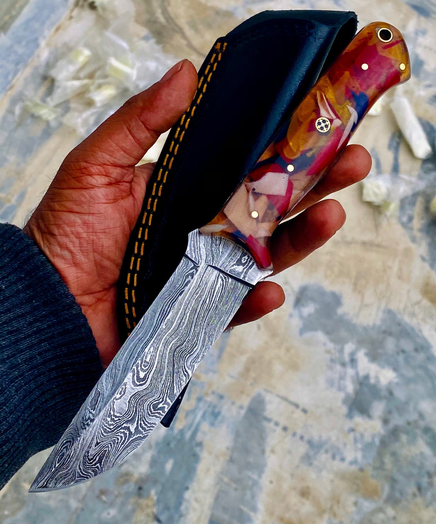 GIFT SERIES Custom Handmade Damascus Hunting skinning knife with Leather sheathe - Troy Blades