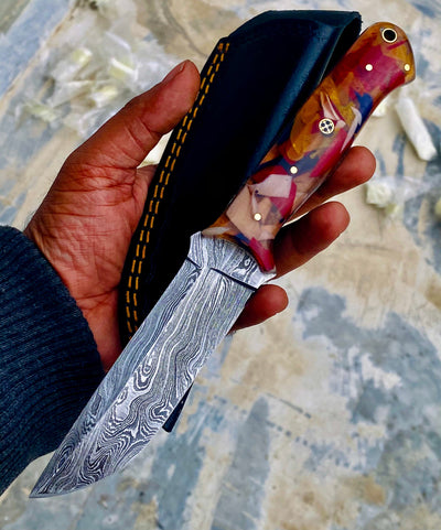 GIFT SERIES Custom Handmade Damascus Hunting skinning knife with Leather sheathe - Troy Blades