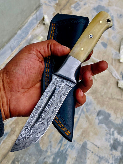 GIFT SERIES Custom Handmade Damascus Hunting skinning knife with Leather sheathe - Troy Blades