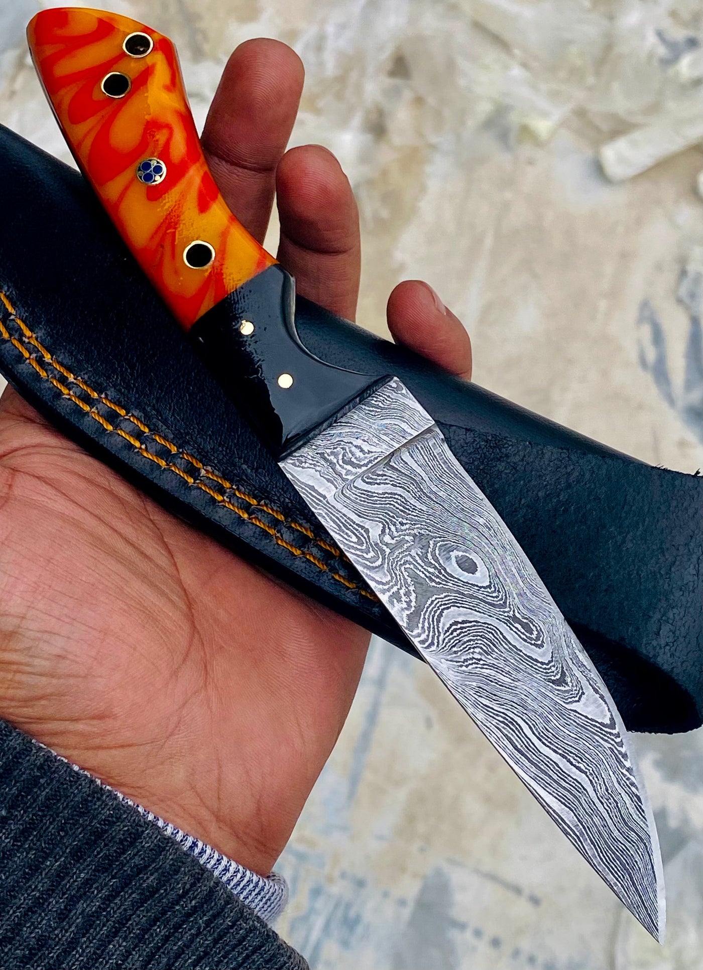 GIFT SERIES Custom Handmade Damascus Hunting skinning knife with Leather sheathe - Troy Blades