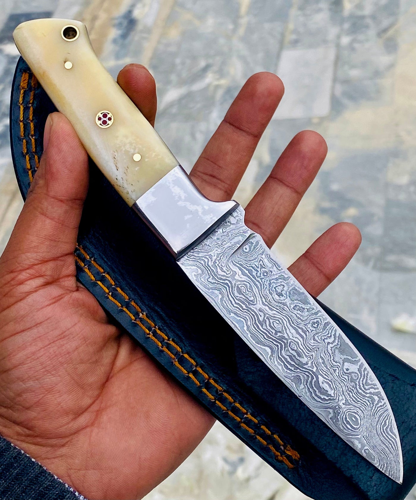 GIFT SERIES Custom Handmade Damascus Hunting skinning knife with Leather sheathe - Troy Blades