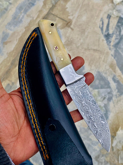 GIFT SERIES Custom Handmade Damascus Hunting skinning knife with Leather sheathe - Troy Blades