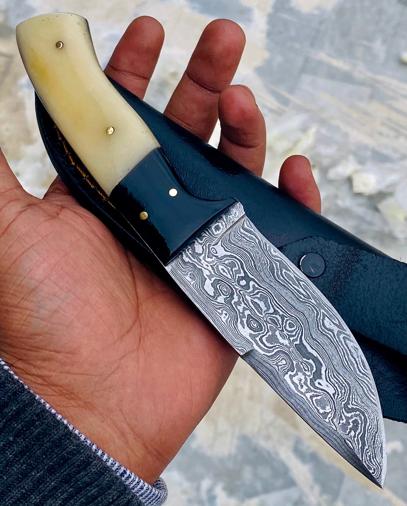 GIFT SERIES Custom Handmade Damascus Hunting skinning knife with Leather sheathe - Troy Blades