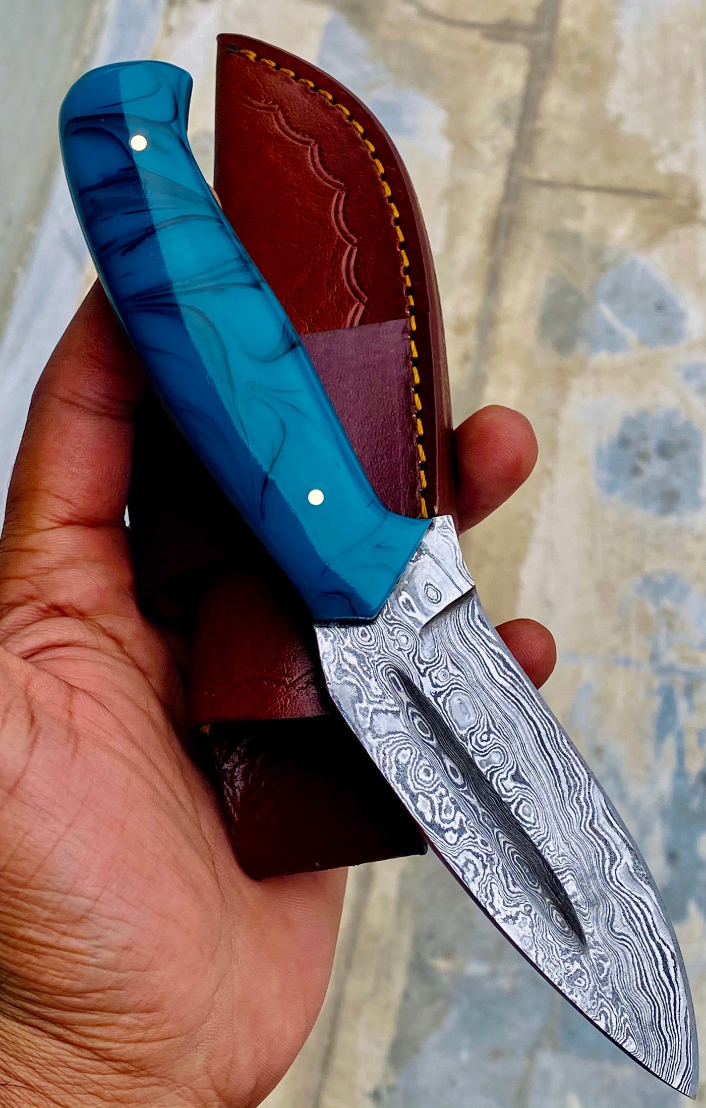 GIFT SERIES Custom Handmade Damascus Hunting skinning knife with Leather sheathe - Troy Blades