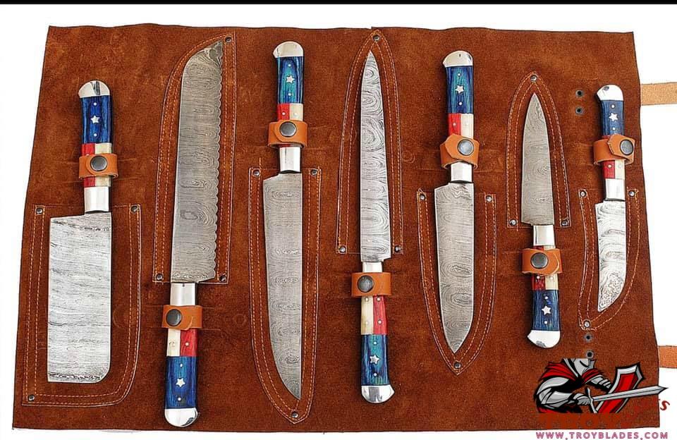 Custom Handmade Damascus Texas Flag Handles Knives set of 7 - Troy Blades