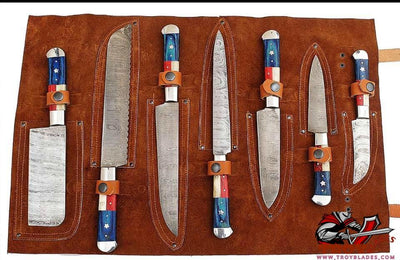 Custom Handmade Damascus Texas Flag Handles Knives set of 7 - Troy Blades
