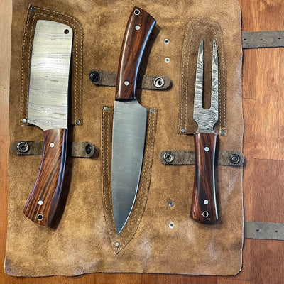 Custom made Damascus kitchen/BBQ knives set of 3 - Troy Blades