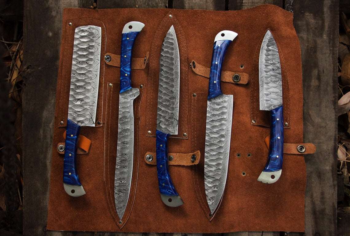 5-Pcs Handmade Damascus steel chef knife Set/Kitchen knife Leather Roll/valentine Gift/Kitchen and Dinning/gift for her/Christmas gift - Troy Blades