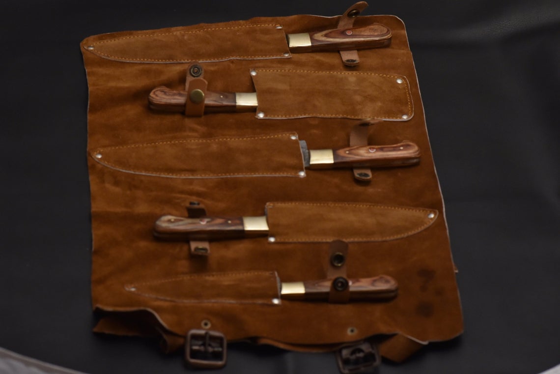 Custom made chef knife set/5-Pcs kitchen knife set with leather roller bag/Christmas gift/gift for her/kitchen and Dinning - Troy Blades