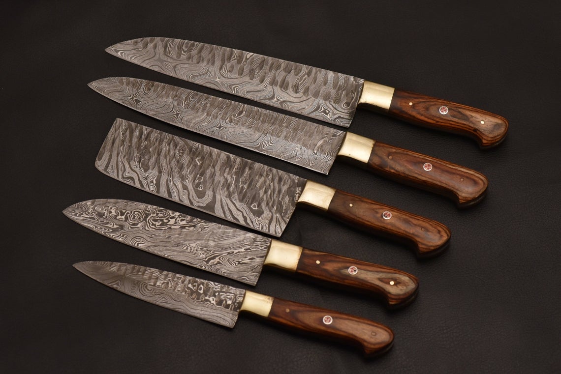 Custom made chef knife set/5-Pcs kitchen knife set with leather roller bag/Christmas gift/gift for her/kitchen and Dinning - Troy Blades