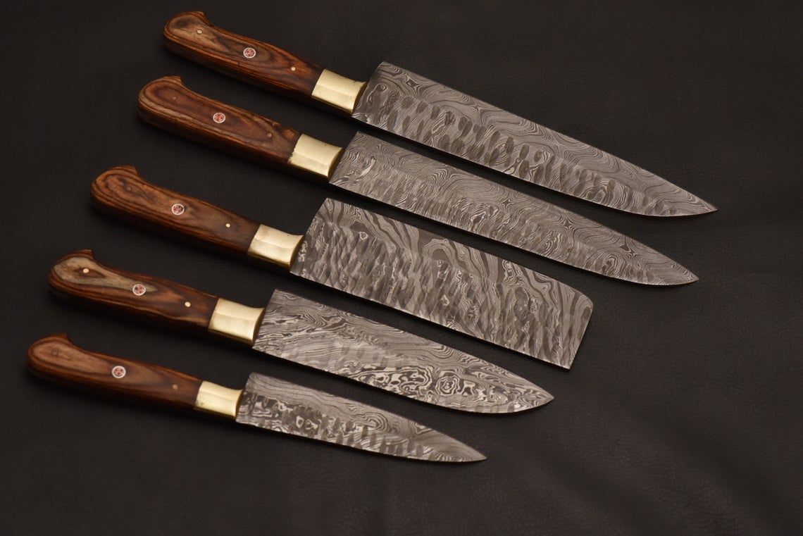 Custom made chef knife set/5-Pcs kitchen knife set with leather roller bag/Christmas gift/gift for her/kitchen and Dinning - Troy Blades