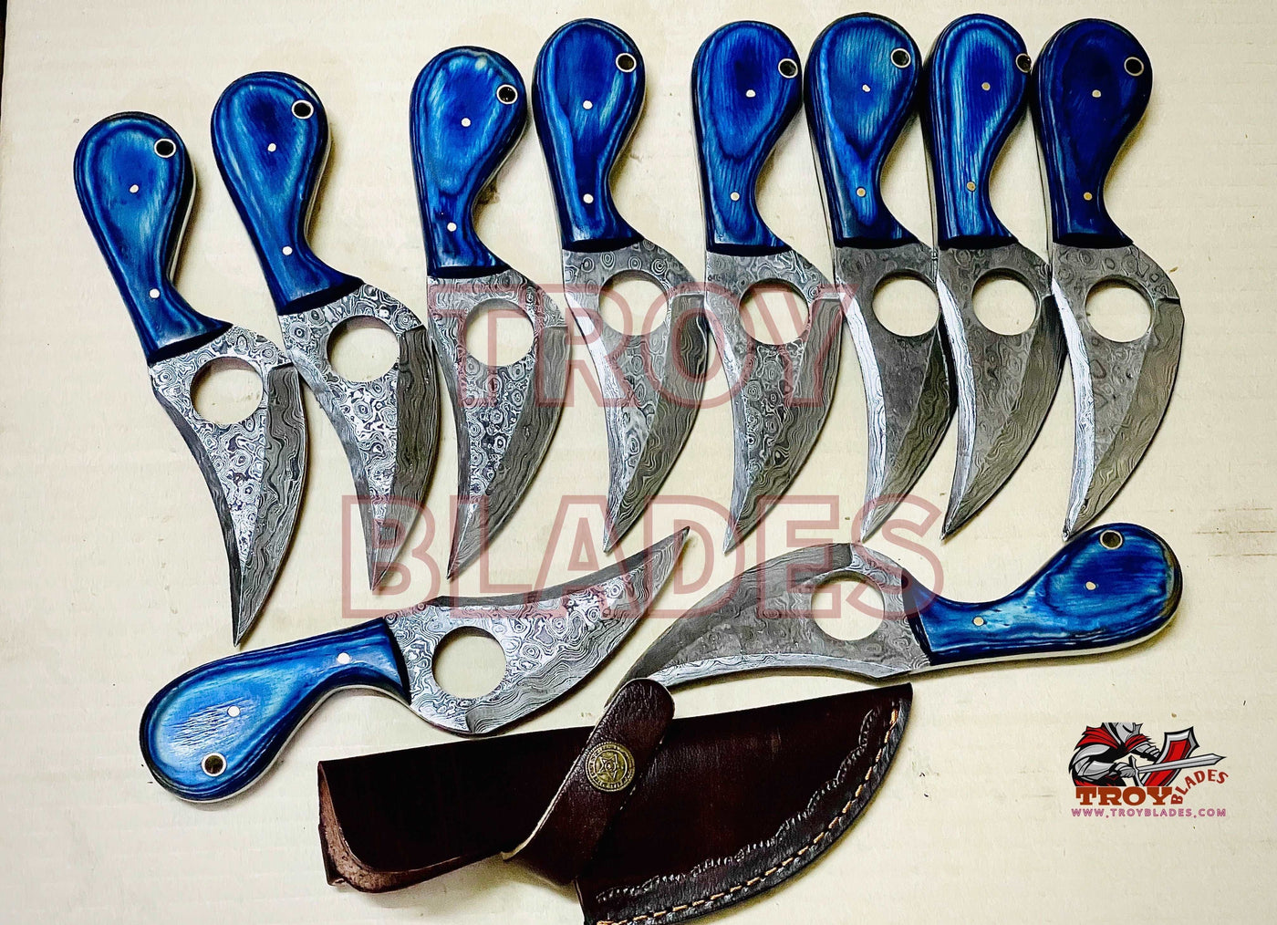 Custom Handmade Damascus Hole Skinning Knife Deal - Troy Blades