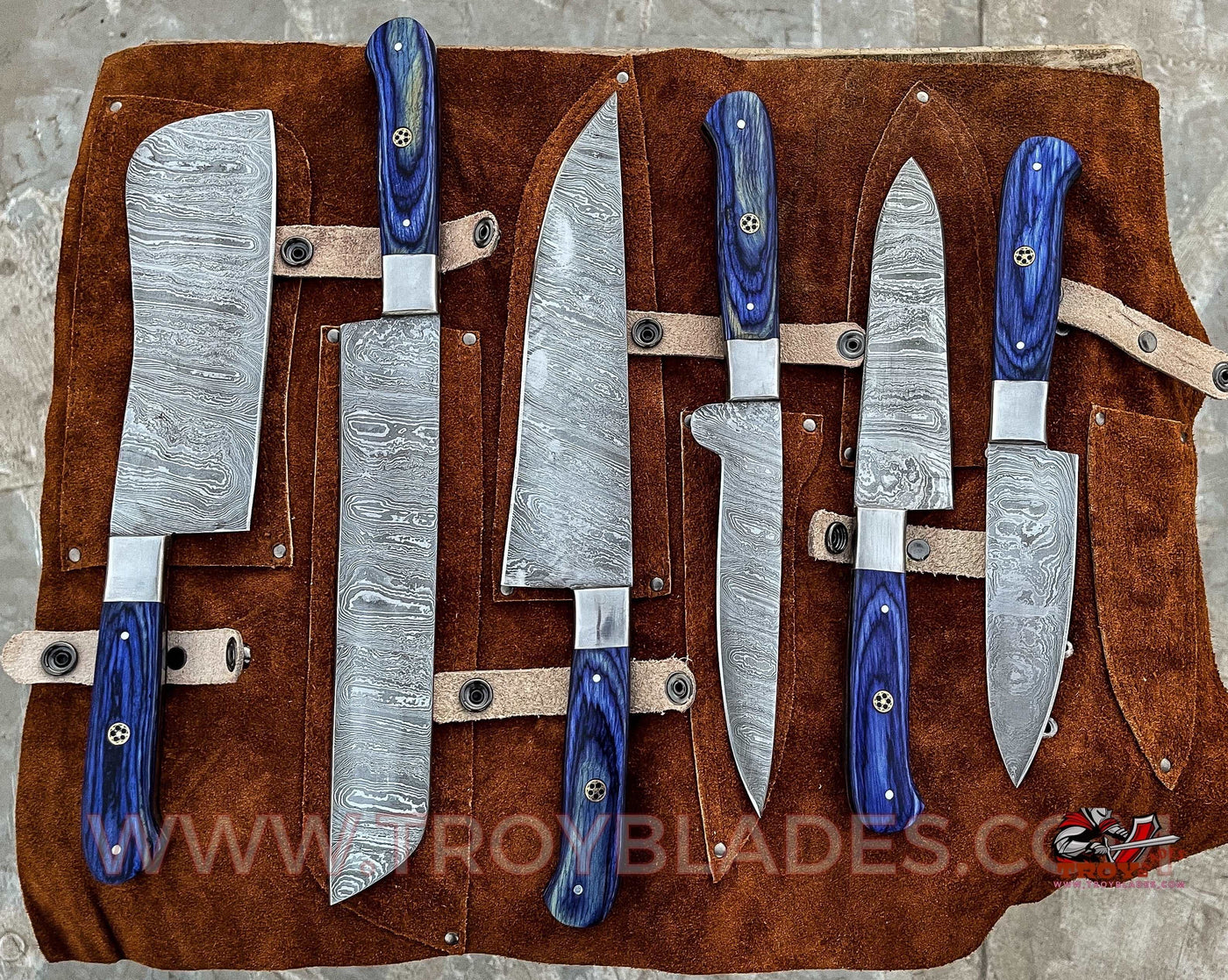 Beautiful Custom hand made Damascus steel kitchen knives set BB06R - Troy Blades