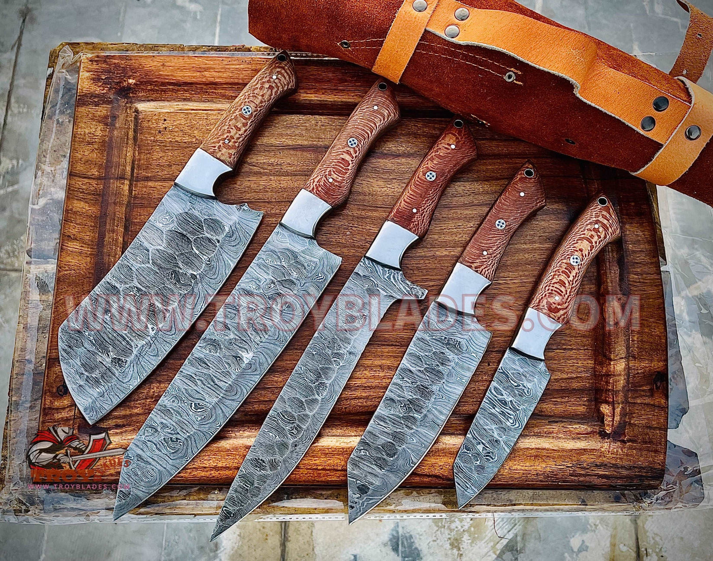 beautiful Custom Handmade Damascus Outdoor Kitchen/BBq knives set Pro5 - Troy Blades